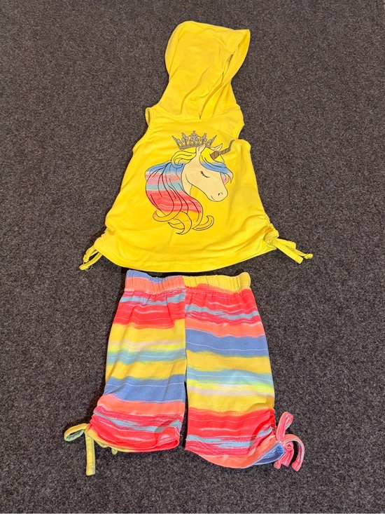 Other - Yellow Hooded Unicorn Tank with Rainbow Stripe Shorts Set